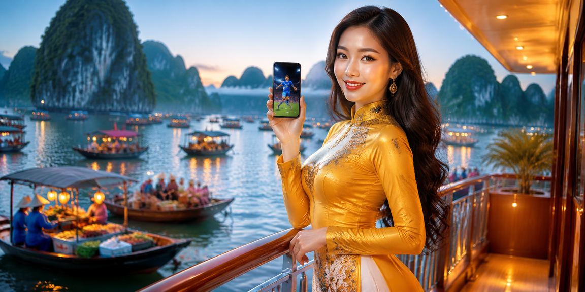 Cô gái áo dài dùng điện thoại cá cược thể thao tại Vịnh Hạ Long