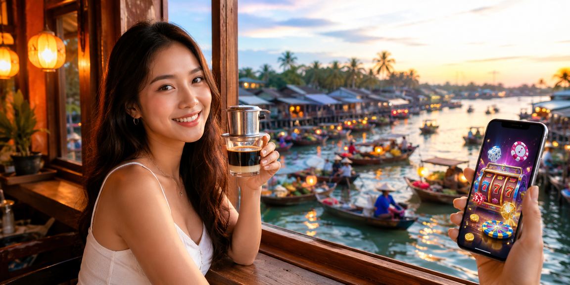 Người dùng truy cập casino di động tại Phú Quốc với cà phê